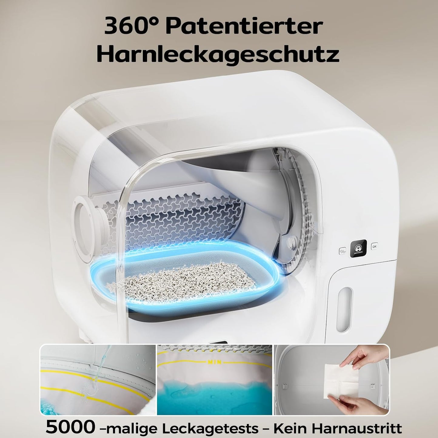 Amicura Cura 3 Selbstreinigende Katzentoilette, Automatisch Verpackt und Füllt Müllsäcke, TÜV-zertifizierte Sicherheit &7 Sensoren, Geruchskontrolle/App-Steuerung, Große Katzenklo Für Mehrere Katzen