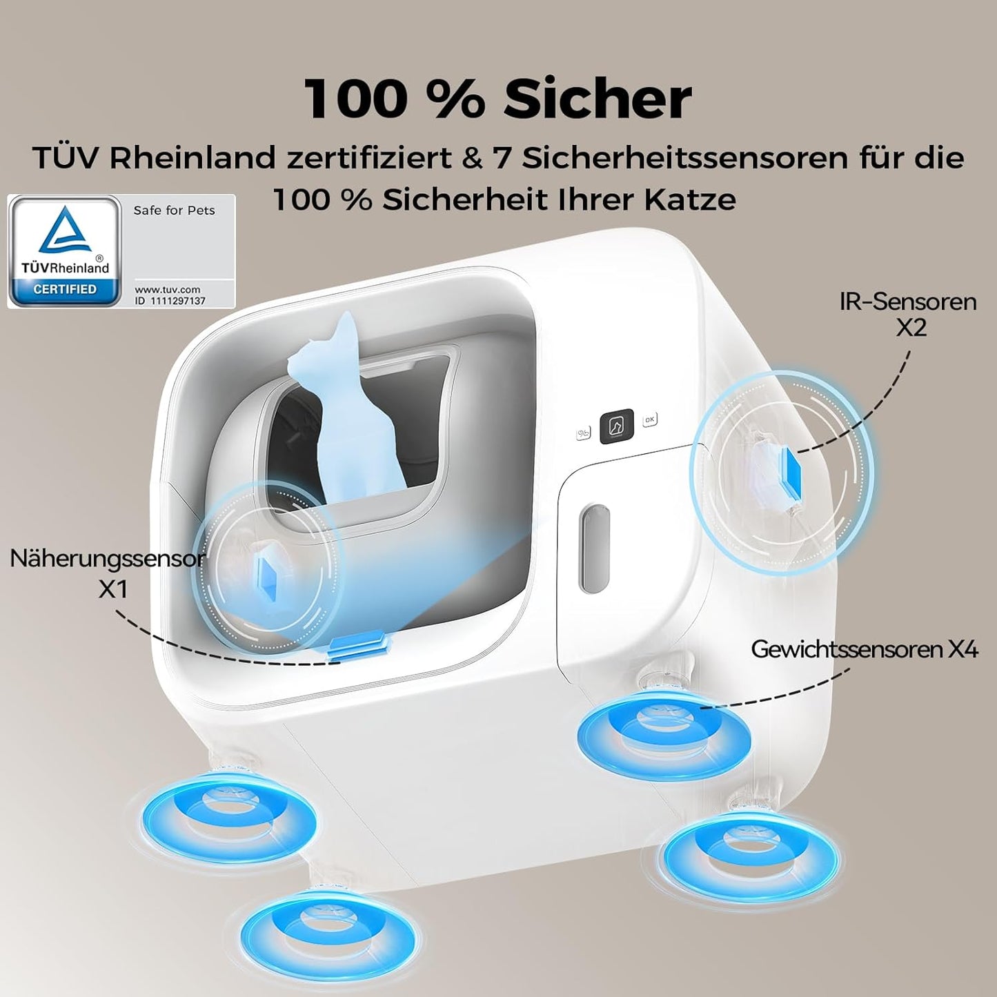 Amicura Cura 3 Selbstreinigende Katzentoilette, Automatisch Verpackt und Füllt Müllsäcke, TÜV-zertifizierte Sicherheit &7 Sensoren, Geruchskontrolle/App-Steuerung, Große Katzenklo Für Mehrere Katzen