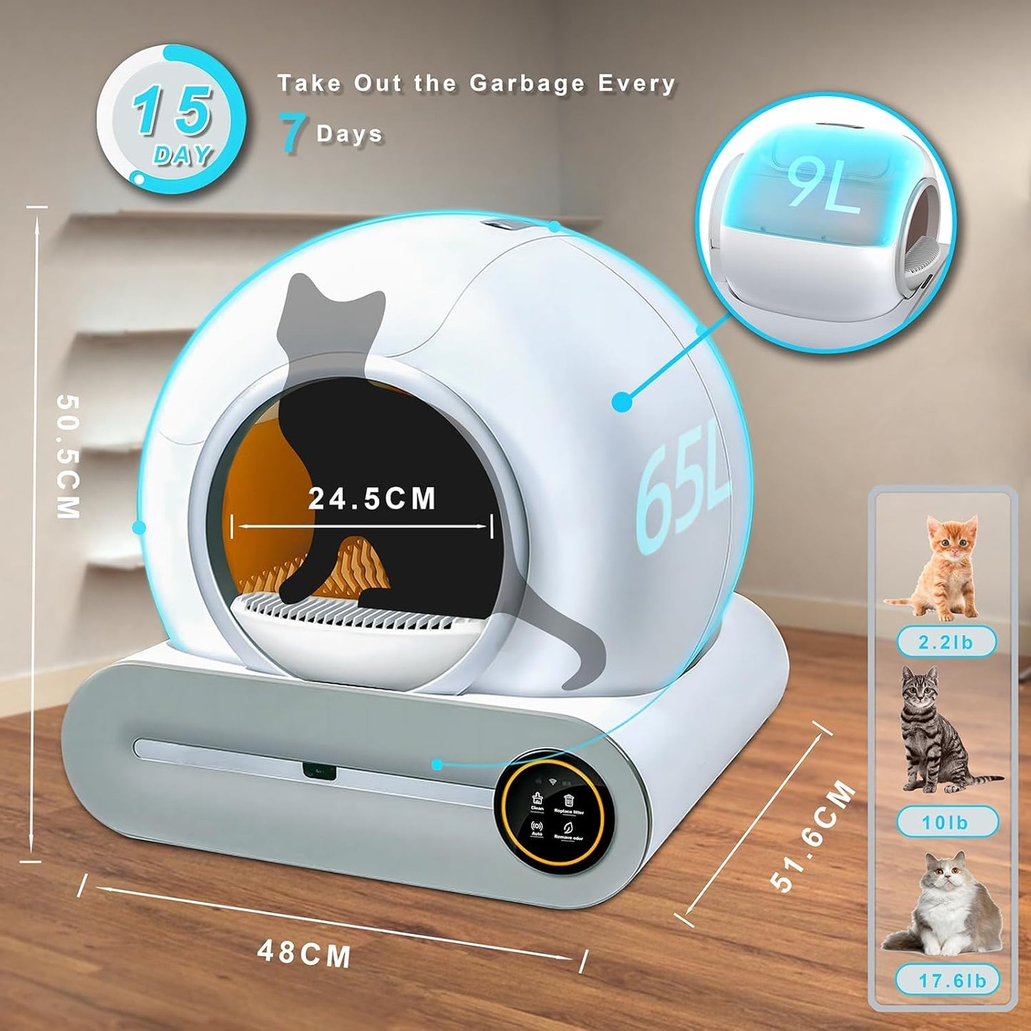 Automatische Selbstreinigende Katzentoilette 65L+9L, Elektrisches Katzenklo mit App Steuerung für Mehrere Katzen, inkl. 2 Rollen Müllsäcke & 1 Fußmatte