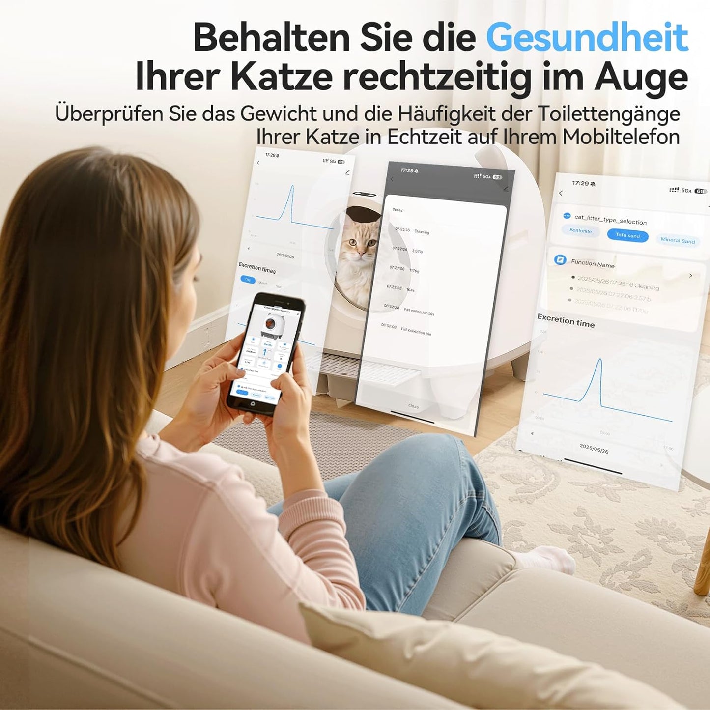 TRIUMPHKEY Katzenklo Selbstreinigend, 90L+8,5L Große Kapazität, Katzenohr-Design, App-Steuerung, 10 Tage ohne Reinigung, Für Mehrkatzenhaushalte selbstreinigende Katzentoilette XXL