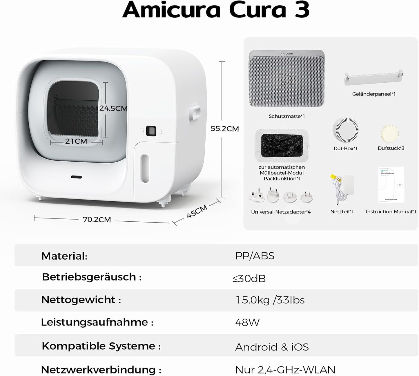 Amicura Cura 3 Selbstreinigende Katzentoilette, Automatisch Verpackt und Füllt Müllsäcke, TÜV-zertifizierte Sicherheit &7 Sensoren, Geruchskontrolle/App-Steuerung, Große Katzenklo Für Mehrere Katzen