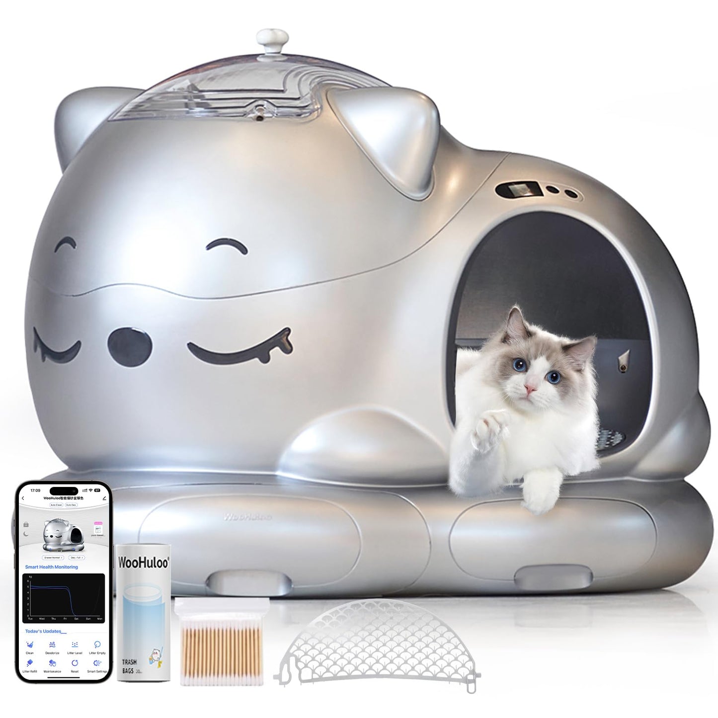 WOOHULOO Katzenklo Selbstreinigend,80L Groß XXL Selbstreinigende Katzentoilette mit 24 Sensoren,Doppelte Deodorisation,App-Steuerung,Super Leise Elektrisches Katzenklo für Mehrere Katzen