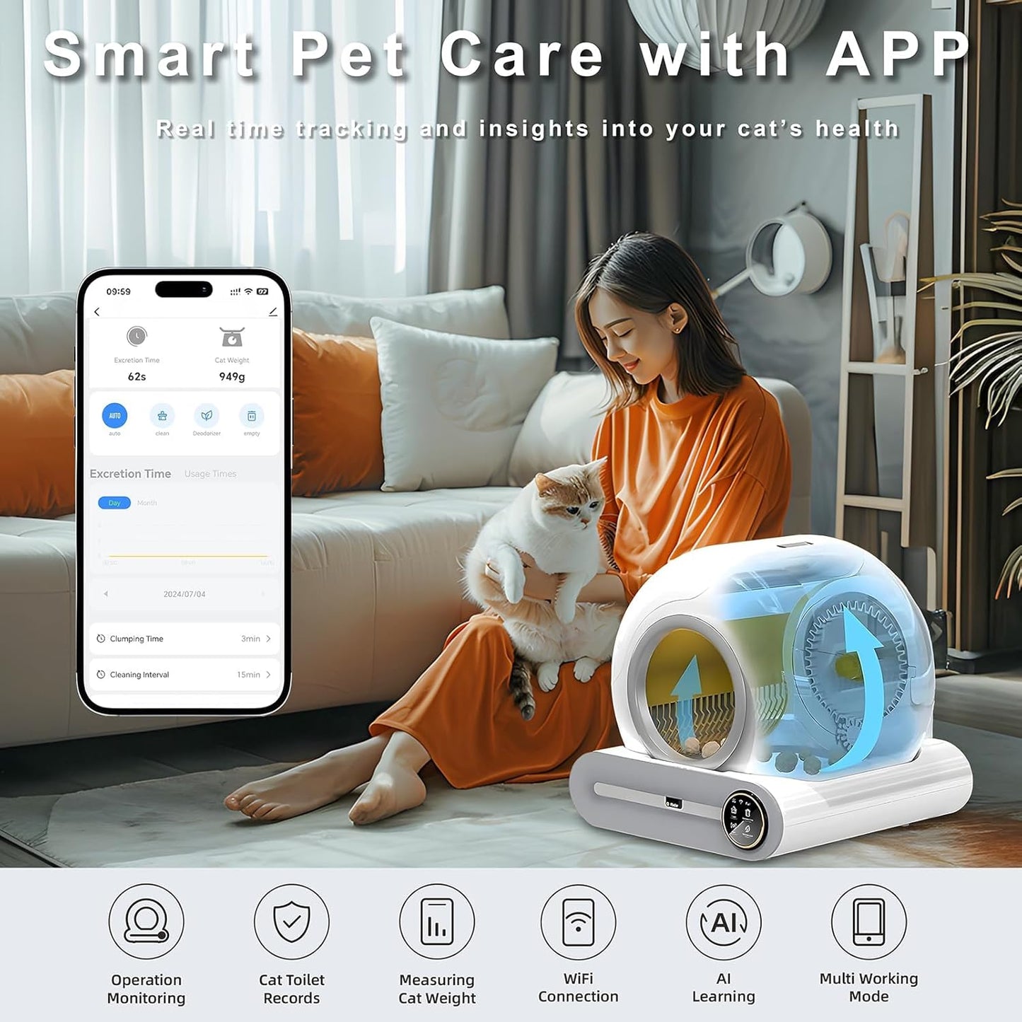 Automatische Selbstreinigende Katzentoilette 65L+9L, Elektrisches Katzenklo mit App Steuerung für Mehrere Katzen, inkl. 2 Rollen Müllsäcke & 1 Fußmatte