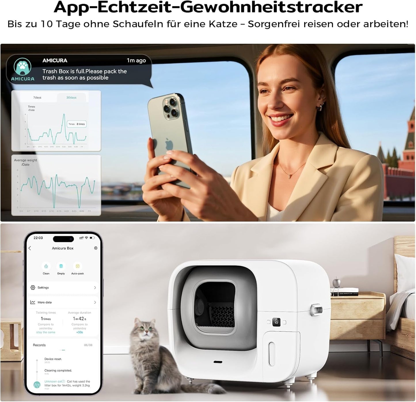 Amicura Cura 3 Selbstreinigende Katzentoilette, Automatisch Verpackt und Füllt Müllsäcke, TÜV-zertifizierte Sicherheit &7 Sensoren, Geruchskontrolle/App-Steuerung, Große Katzenklo Für Mehrere Katzen