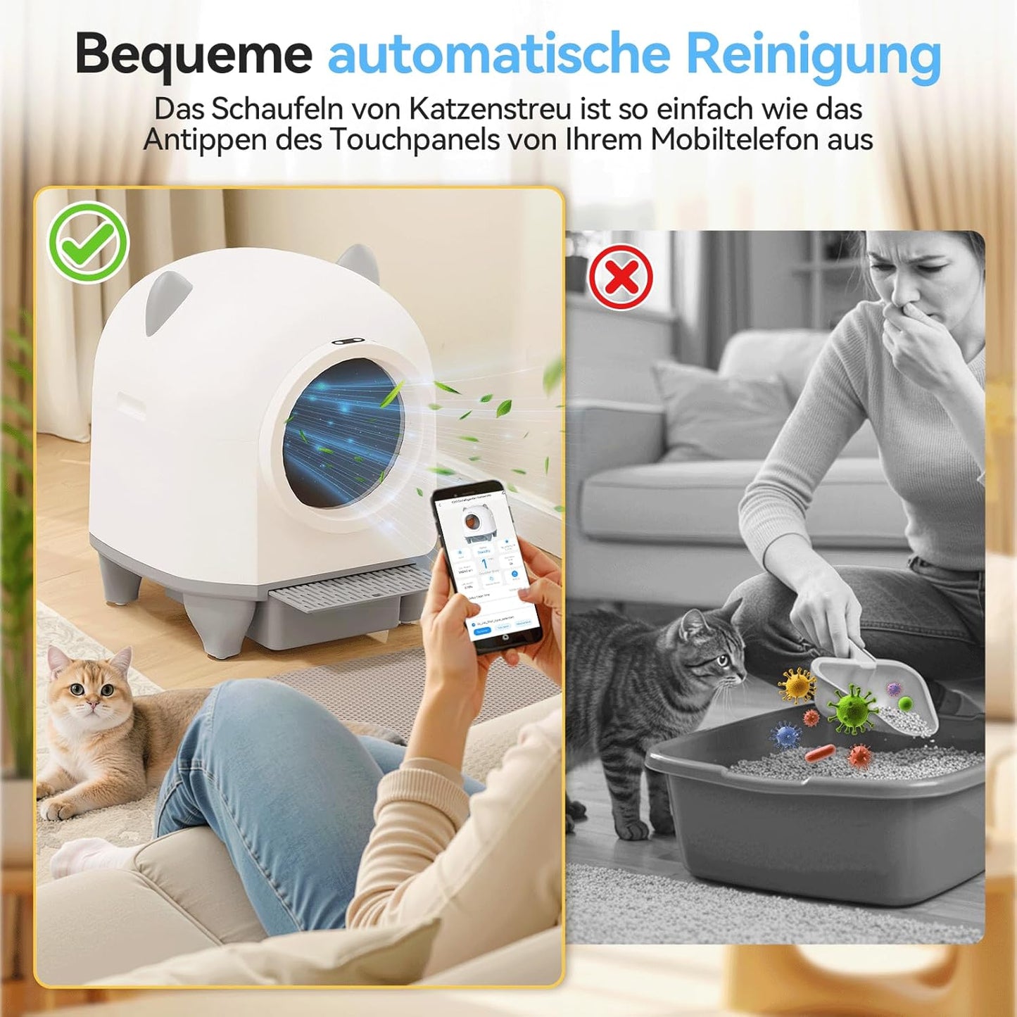TRIUMPHKEY Katzenklo Selbstreinigend, 90L+8,5L Große Kapazität, Katzenohr-Design, App-Steuerung, 10 Tage ohne Reinigung, Für Mehrkatzenhaushalte selbstreinigende Katzentoilette XXL