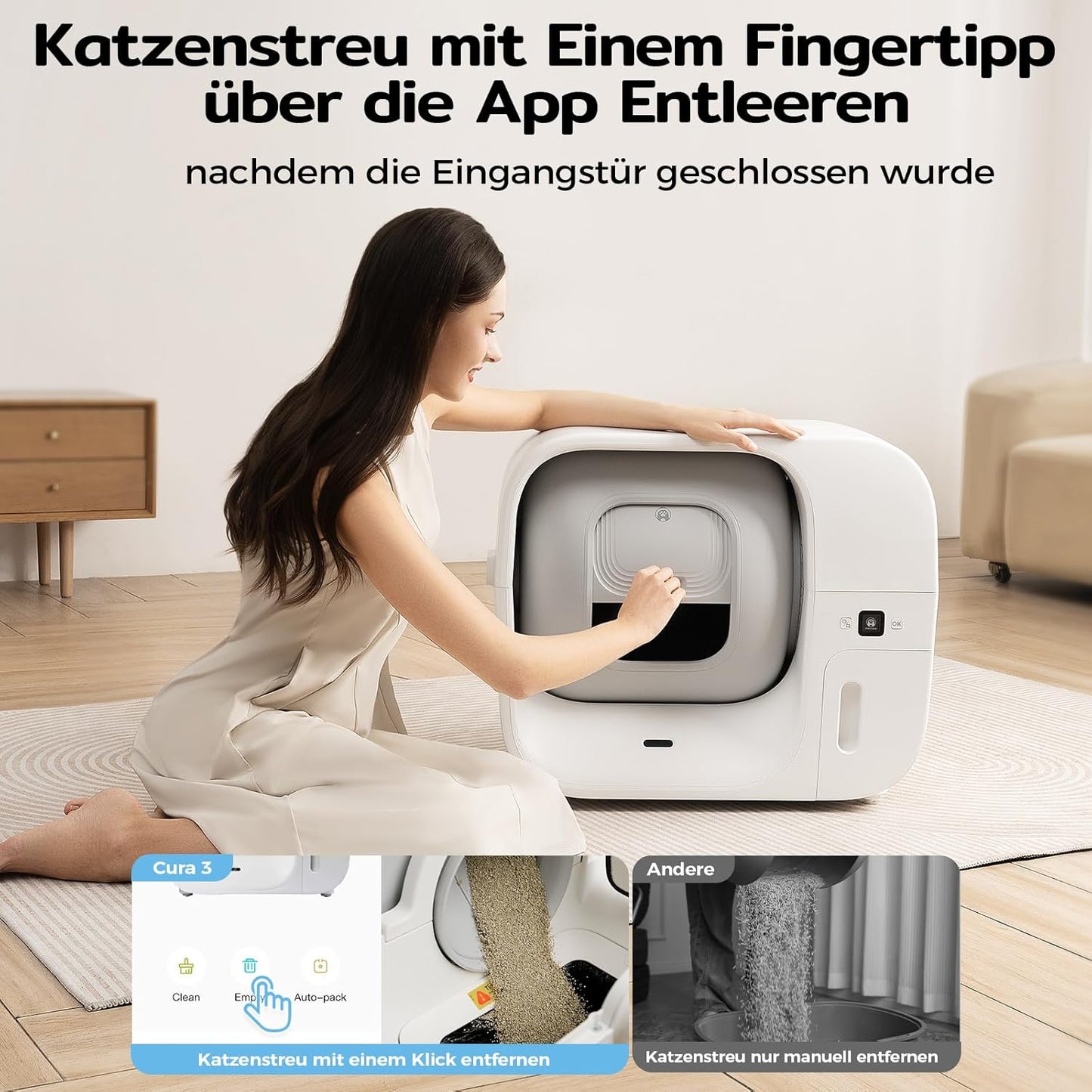 Amicura Cura 3 Selbstreinigende Katzentoilette, Automatisch Verpackt und Füllt Müllsäcke, TÜV-zertifizierte Sicherheit &7 Sensoren, Geruchskontrolle/App-Steuerung, Große Katzenklo Für Mehrere Katzen