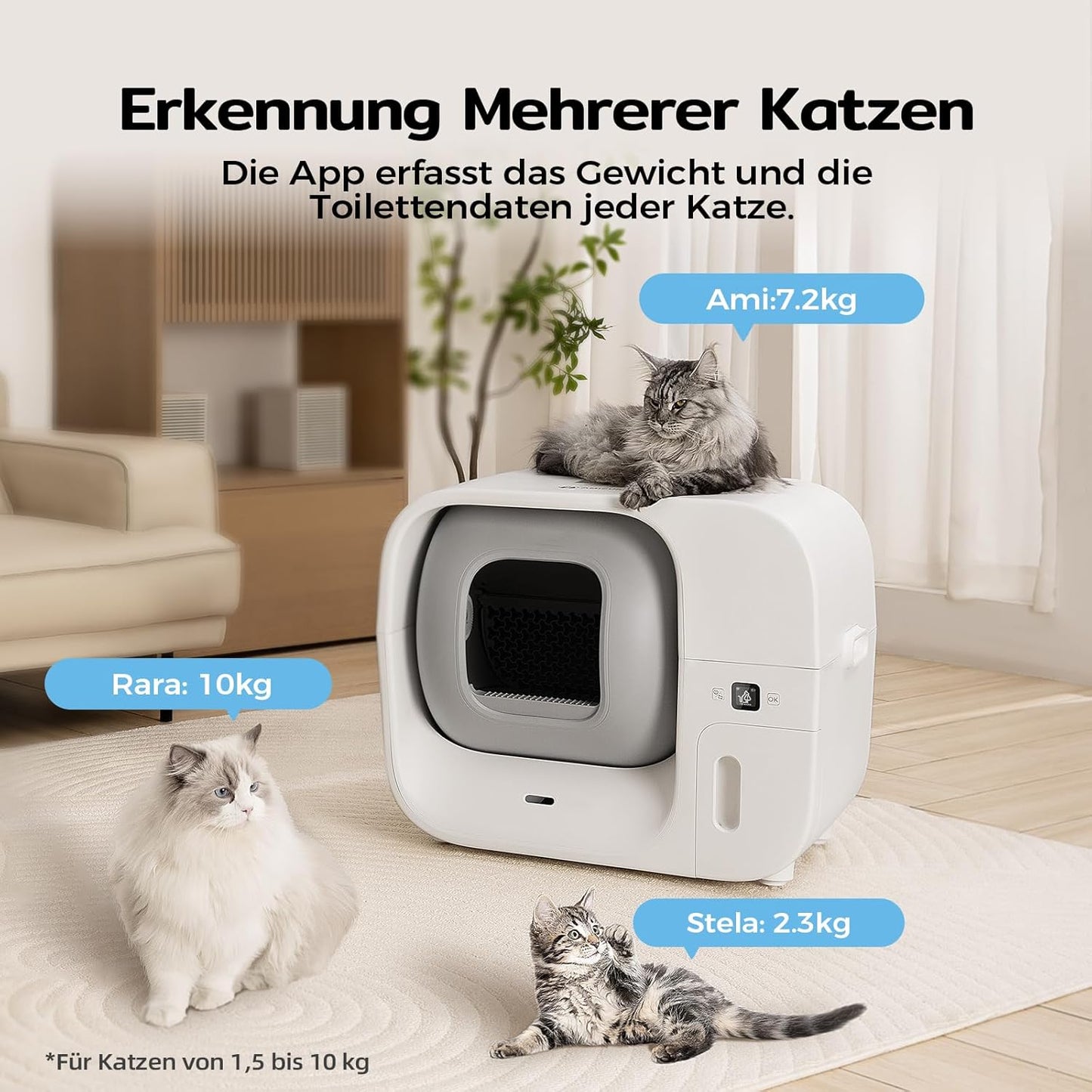 Amicura Cura 3 Selbstreinigende Katzentoilette, Automatisch Verpackt und Füllt Müllsäcke, TÜV-zertifizierte Sicherheit &7 Sensoren, Geruchskontrolle/App-Steuerung, Große Katzenklo Für Mehrere Katzen