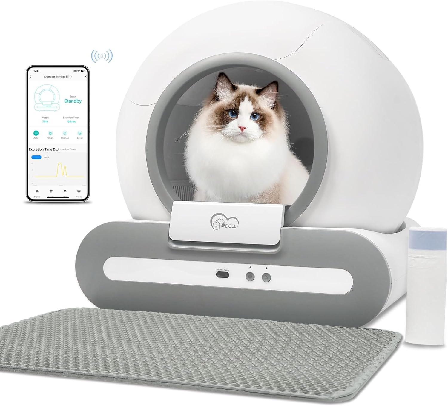 DOEL Upgrade Selbstreinigende Katzentoilette 65L Große Kapazität, Dreifacher Sicherheitsschutz, Automatische Katzentoilette APP-Gesundheitsüberwachung, Für Mehreren Katzen Geeignet mit Matte Einlagen