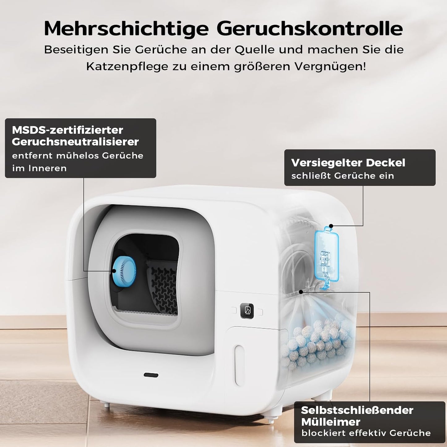 Amicura Cura 3 Selbstreinigende Katzentoilette, Automatisch Verpackt und Füllt Müllsäcke, TÜV-zertifizierte Sicherheit &7 Sensoren, Geruchskontrolle/App-Steuerung, Große Katzenklo Für Mehrere Katzen