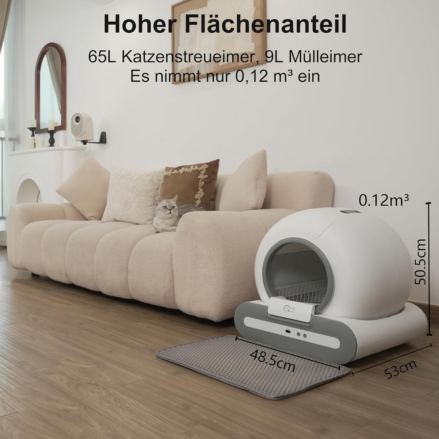 DOEL Upgrade Selbstreinigende Katzentoilette 65L Große Kapazität, Dreifacher Sicherheitsschutz, Automatische Katzentoilette APP-Gesundheitsüberwachung, Für Mehreren Katzen Geeignet mit Matte Einlagen