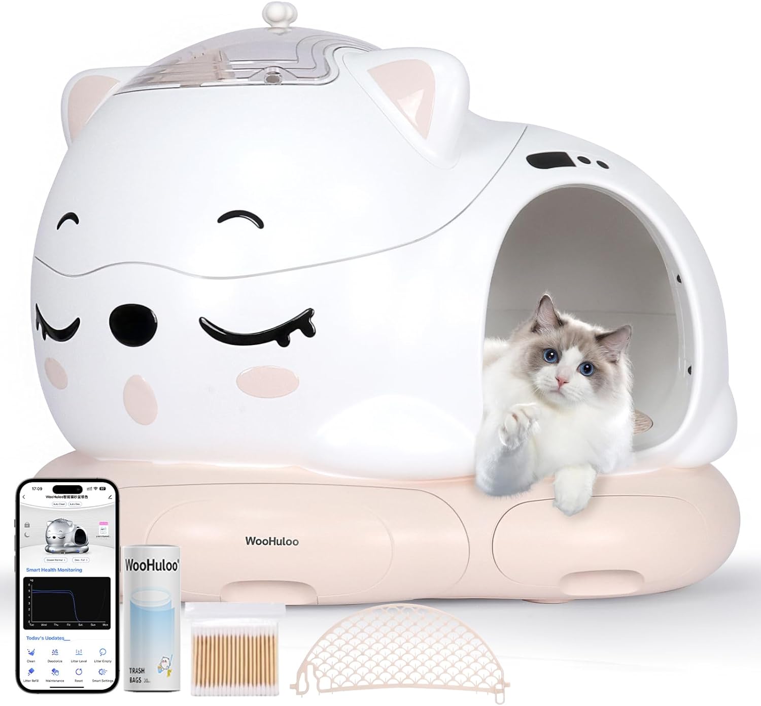 WOOHULOO Katzenklo Selbstreinigend,80L Groß XXL Selbstreinigende Katzentoilette mit 24 Sensoren,Doppelte Deodorisation,App-Steuerung,Super Leise Elektrisches Katzenklo für Mehrere Katzen