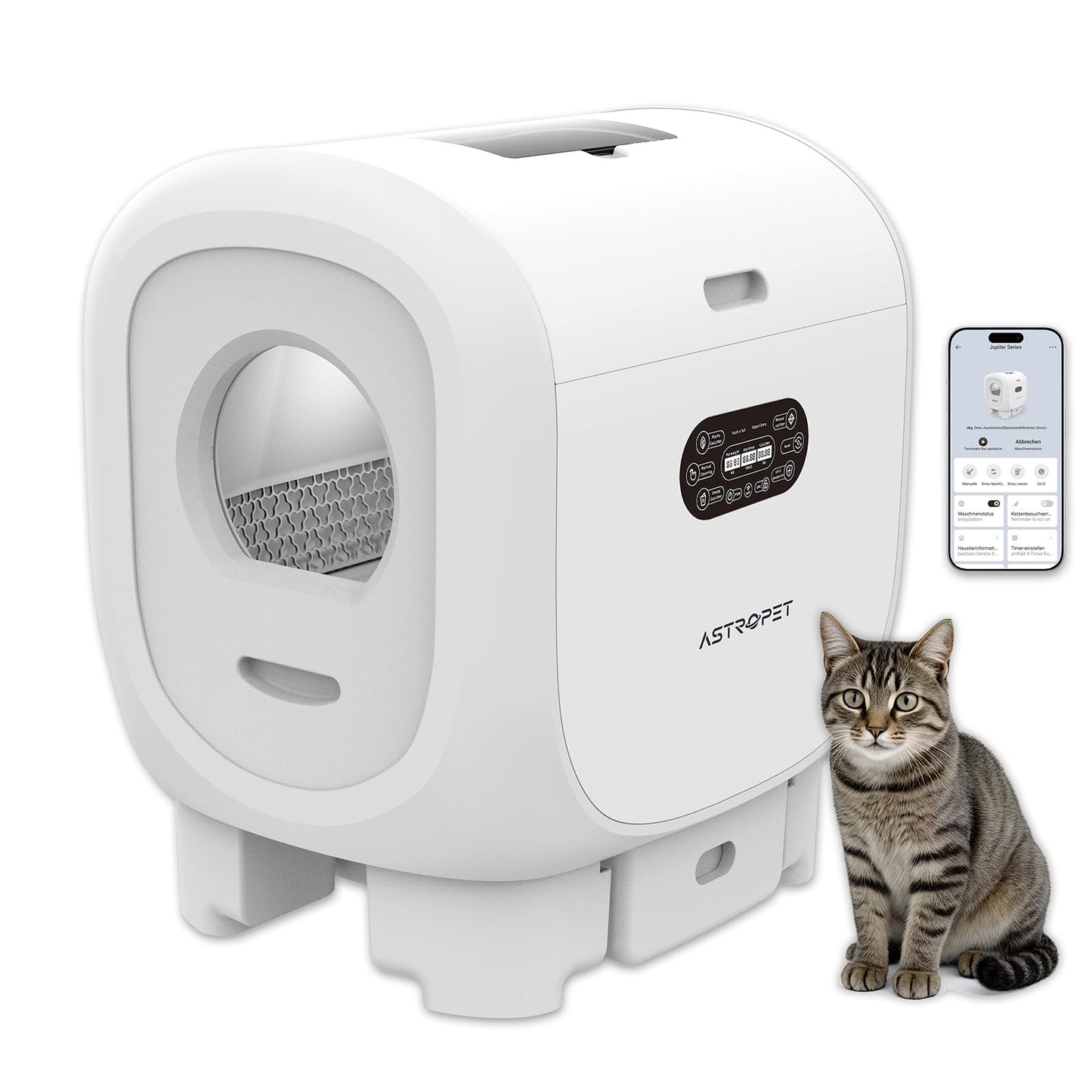 AstroPet 101L Selbstreinigende Katzentoilette mit Matte,APP Steuerung,Groß XXL Katzenklo Selbstreinigend für Mehrere Katzen,Zwei Eingängen,UV-Sterilisation,Desodorierung mit negativen Sauerstoff-Ionen