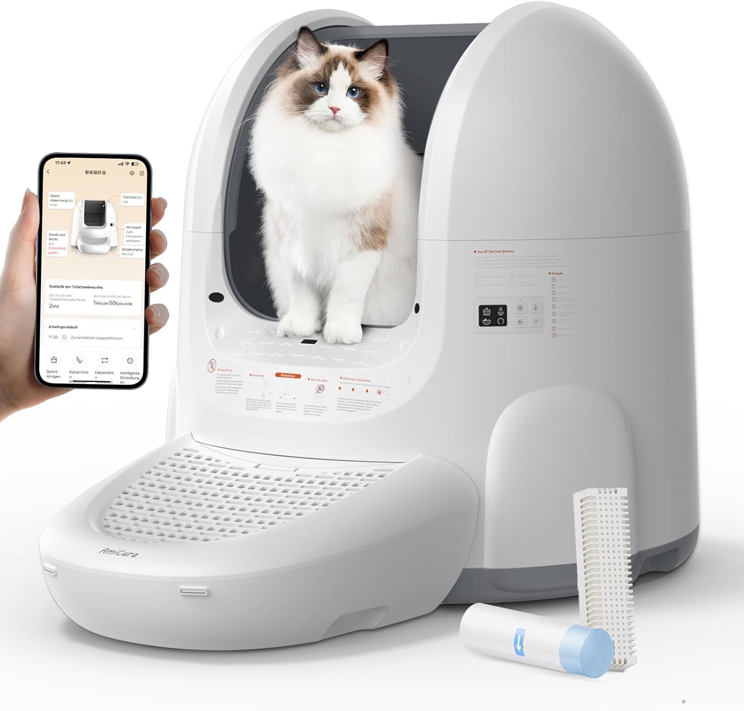 Amicura Cura 3 Selbstreinigende Katzentoilette, Automatisch Verpackt und Füllt Müllsäcke, TÜV-zertifizierte Sicherheit &7 Sensoren, Geruchskontrolle/App-Steuerung, Große Katzenklo Für Mehrere Katzen