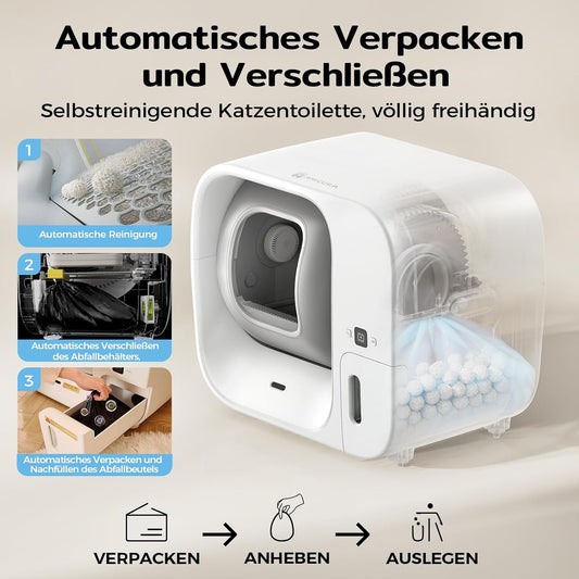 Amicura Cura 3 Selbstreinigende Katzentoilette, Automatisch Verpackt und Füllt Müllsäcke, TÜV-zertifizierte Sicherheit &7 Sensoren, Geruchskontrolle/App-Steuerung, Große Katzenklo Für Mehrere Katzen