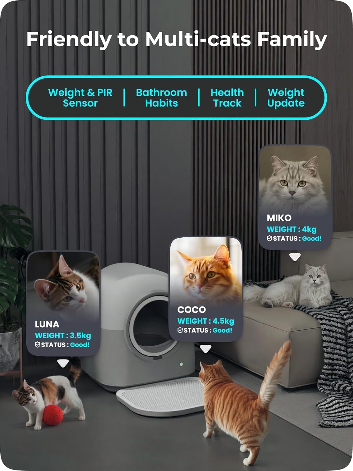 ABRCT Selbstreinigende Katzentoilette PRO, Katzenklo Selbstreinigend XXL, Wägbar, Hygienisch, Geruchsneutral, APP-Steuerung, Große Fassungsvermögen für Mehrere Katzen, mit Katzenstreu Matte