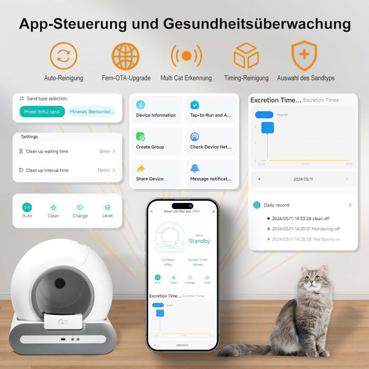 DOEL Upgrade Selbstreinigende Katzentoilette 65L Große Kapazität, Dreifacher Sicherheitsschutz, Automatische Katzentoilette APP-Gesundheitsüberwachung, Für Mehreren Katzen Geeignet mit Matte Einlagen