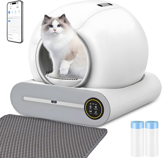 Automatische Selbstreinigende Katzentoilette 65L+9L, Elektrisches Katzenklo mit App Steuerung für Mehrere Katzen, inkl. 2 Rollen Müllsäcke & 1 Fußmatte