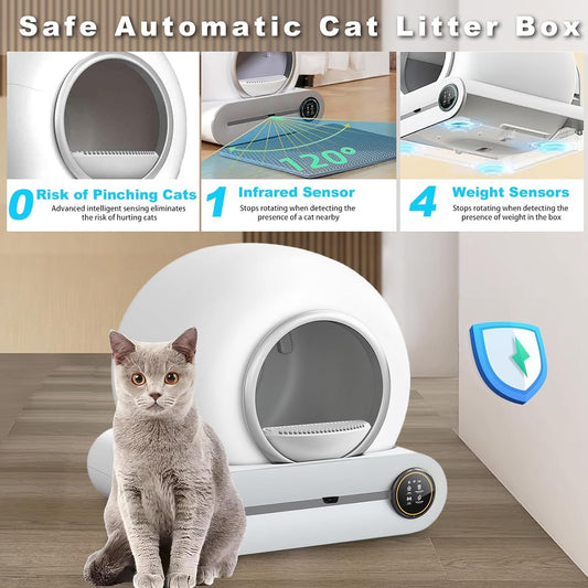 Automatische Selbstreinigende Katzentoilette 65L+9L, Elektrisches Katzenklo mit App Steuerung für Mehrere Katzen, inkl. 2 Rollen Müllsäcke & 1 Fußmatte