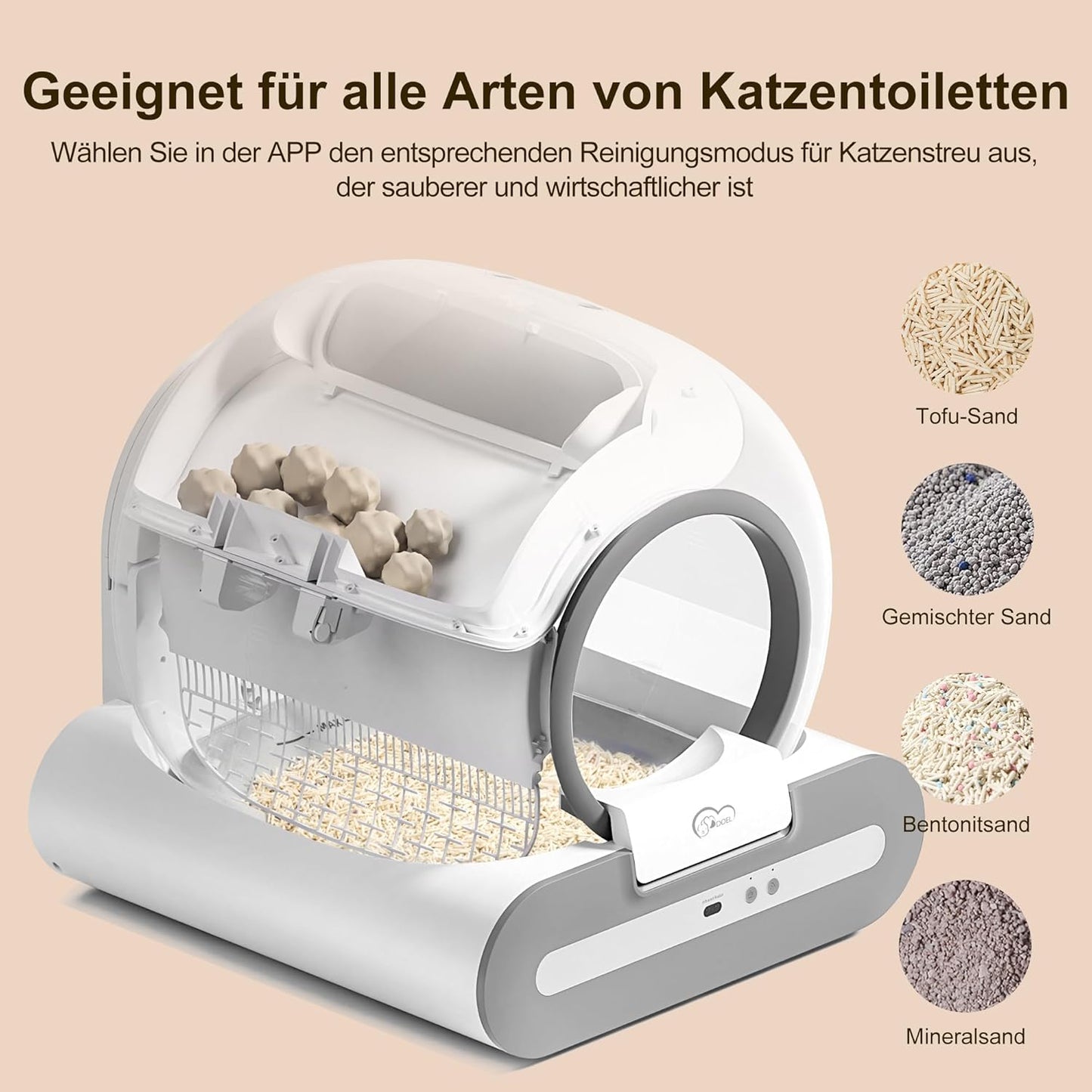 DOEL Upgrade Selbstreinigende Katzentoilette 65L Große Kapazität, Dreifacher Sicherheitsschutz, Automatische Katzentoilette APP-Gesundheitsüberwachung, Für Mehreren Katzen Geeignet mit Matte Einlagen