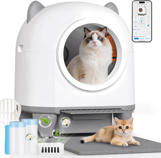 TRIUMPHKEY Katzenklo Selbstreinigend, 90L+8,5L Große Kapazität, Katzenohr-Design, App-Steuerung, 10 Tage ohne Reinigung, Für Mehrkatzenhaushalte selbstreinigende Katzentoilette XXL