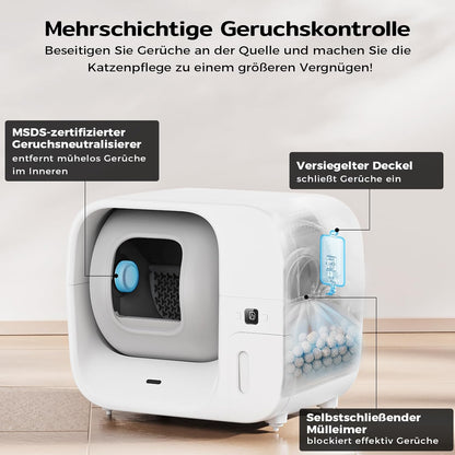 Amicura Cura 3 Selbstreinigende Katzentoilette, Automatisch Verpackt und Füllt Müllsäcke, TÜV-zertifizierte Sicherheit &7 Sensoren, Geruchskontrolle/App-Steuerung, Große Katzenklo Für Mehrere Katzen