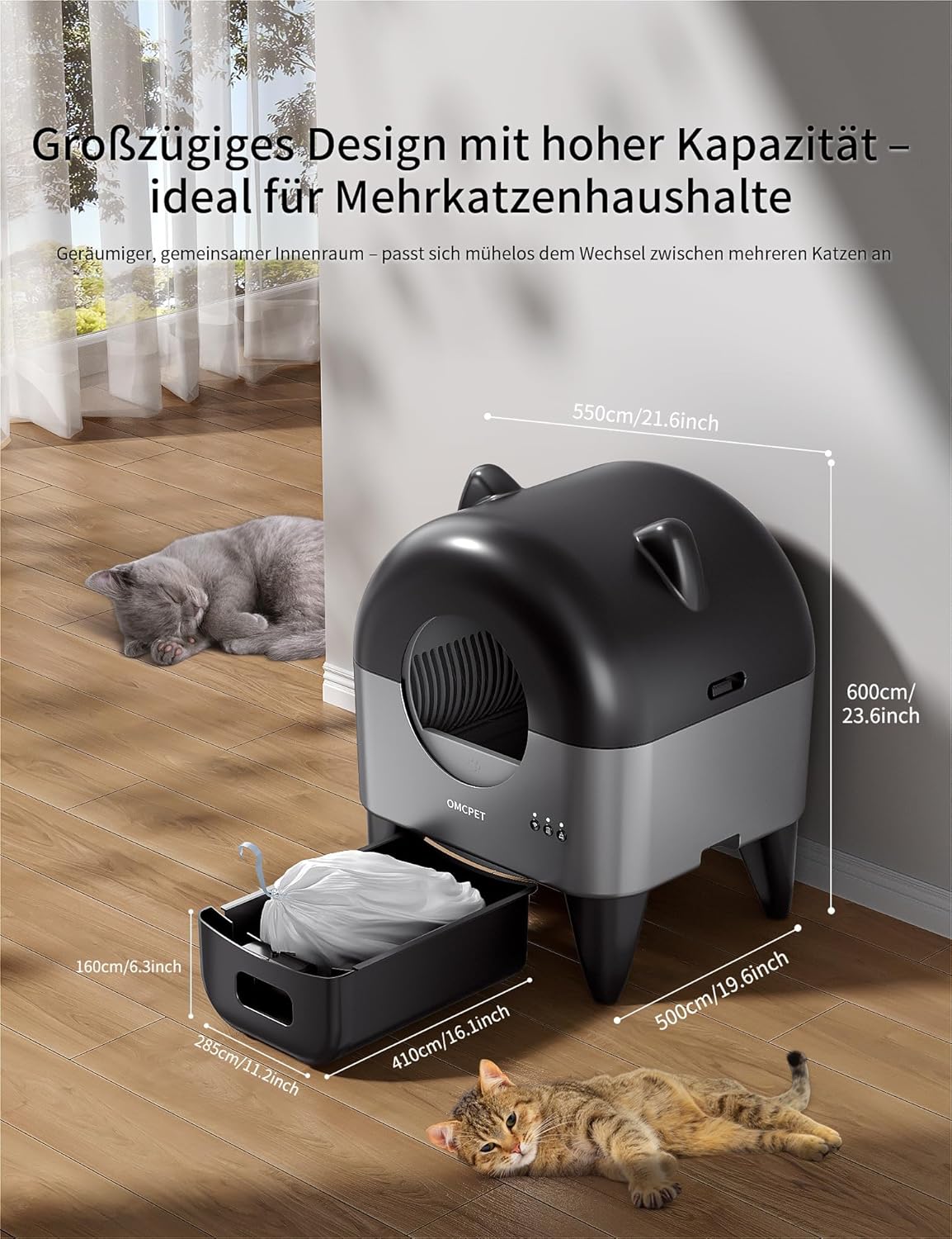Katzenklo Selbstreinigend, Selbstreinigende Katzentoilette 110L großes Fassungsvermögen, geeignet für mehrere Haustiere, vollständig versiegelt, desodorierend, dedizierte App